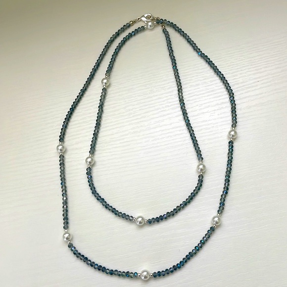 Anne Klein Pearl/Blue Crystal/Silver Bead Necklace - Picture 5 of 5
